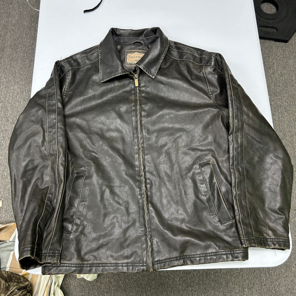Arizona Jean Co Faux Leather Jacket Mens M Brown Distressed Zip Up Harrington